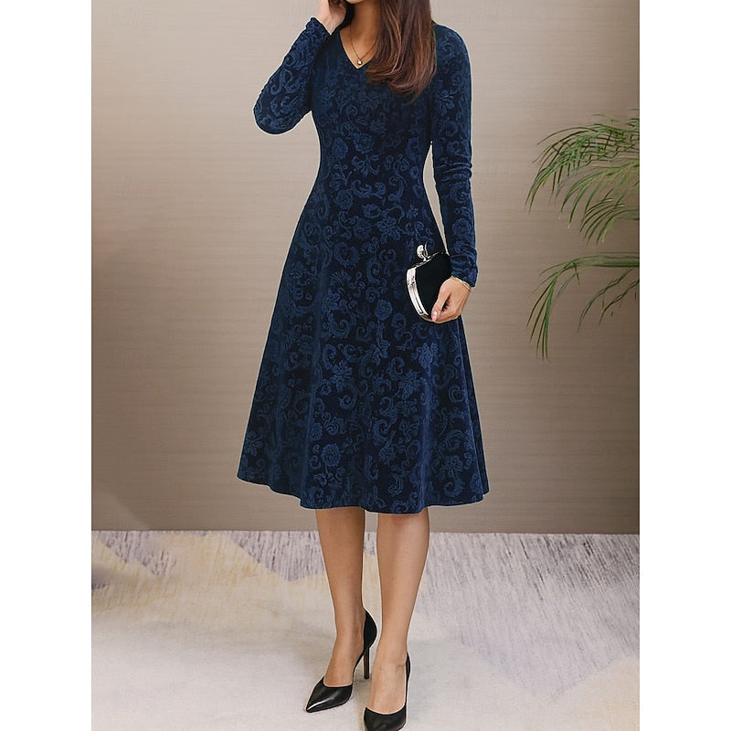 Arabella Floral A-Line – Women's Midi Dress in Blue