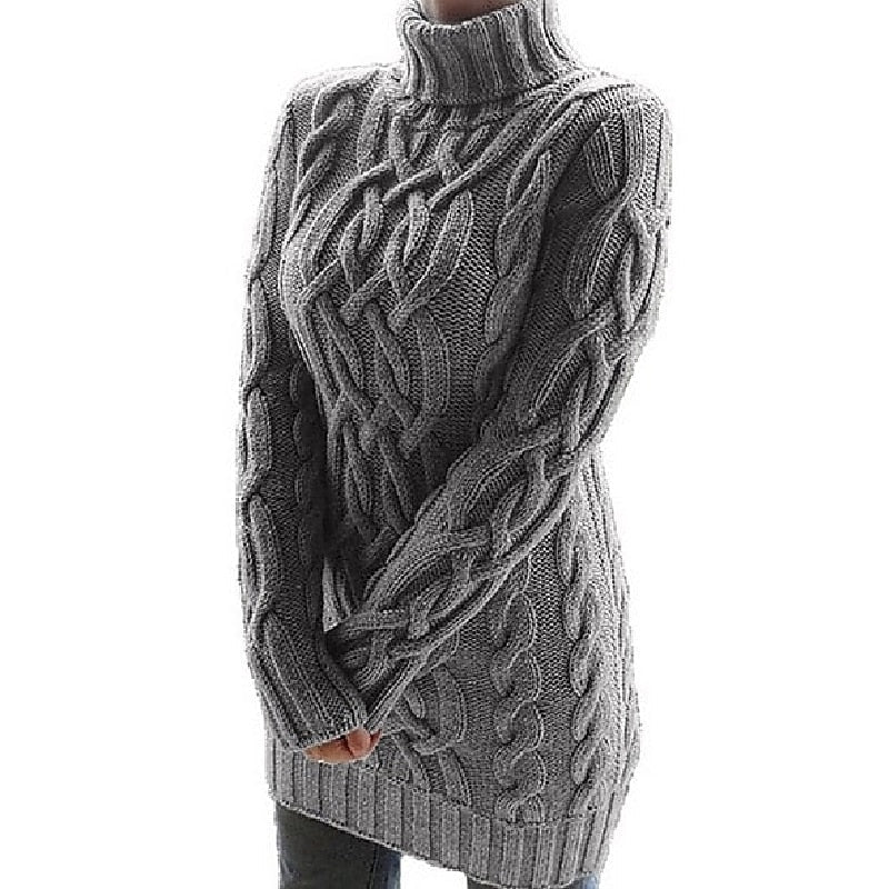 Thea Cable-Knit Turtleneck Sweater in Khaki – Women's Midi Dress