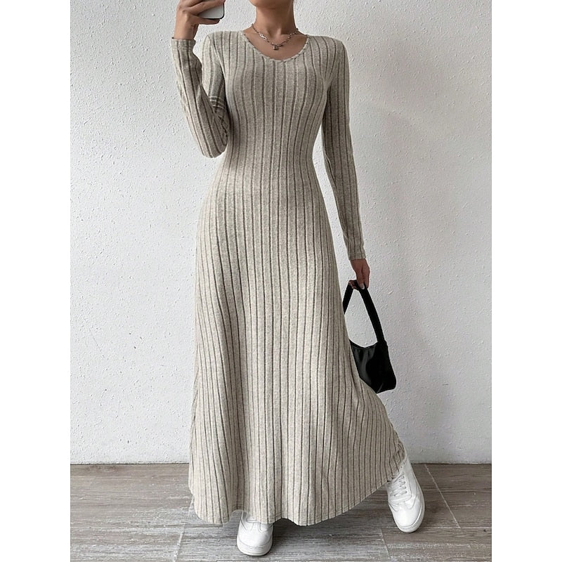 Sabine Ribbed Long-Sleeve in Khaki – Women's Maxi Dress