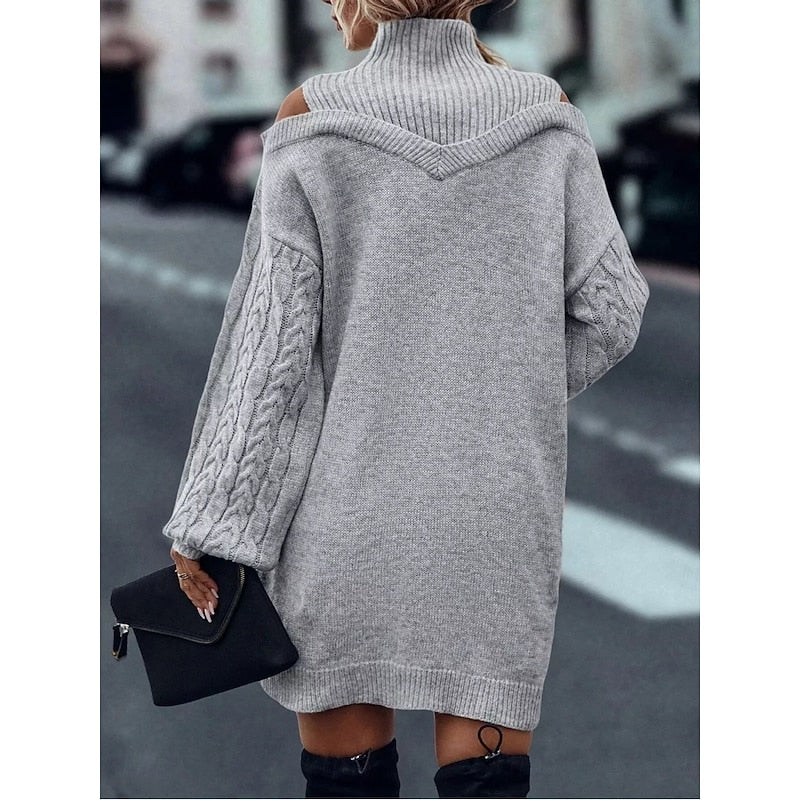 Beatrix Cold-Shoulder Turtleneck Sweater in Gray – Women's Midi Dress