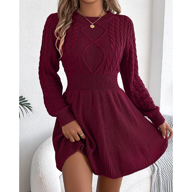 Vesper Cable-Knit Crew Neck in Wine – Women's Midi Dress