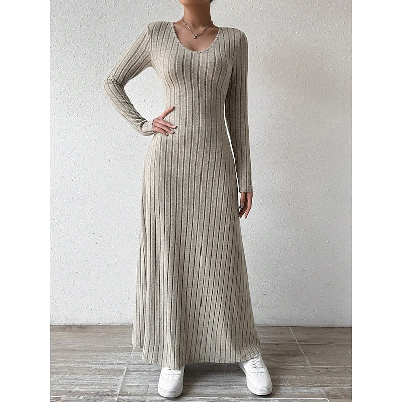 Sabine Ribbed Long-Sleeve in Khaki – Women's Maxi Dress