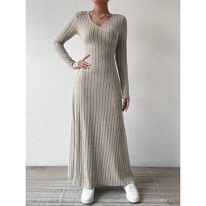 Sabine Ribbed Long-Sleeve in Khaki – Women's Maxi Dress