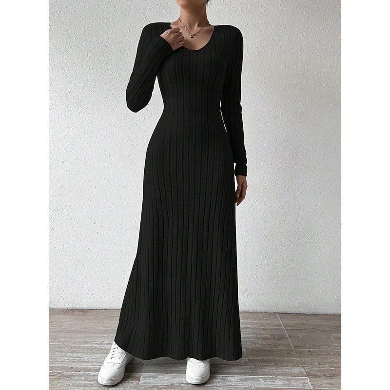 Sabine Ribbed Long-Sleeve in Black – Women's Maxi Dress