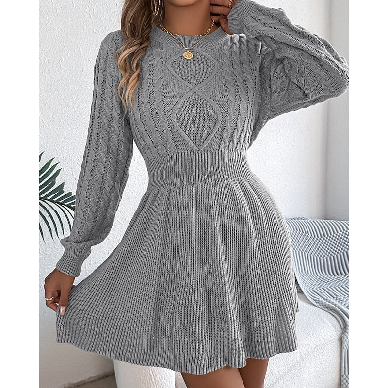 Vesper Cable-Knit Crew Neck in Grey – Women's Midi Dress