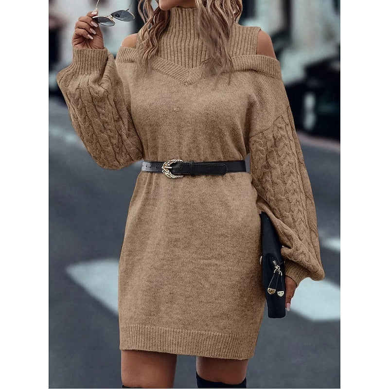 Beatrix Cold-Shoulder Turtleneck Sweater in Khaki – Women's Midi Dress