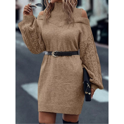 Beatrix Cold-Shoulder Turtleneck Sweater in Khaki – Women's Midi Dress