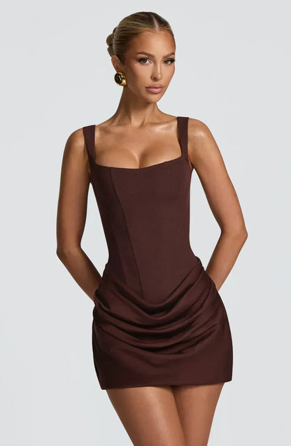 Verity Draped Corset Sweetheart – Women's Mini Dress in Brown