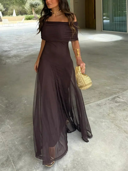 Josephine Off-Shoulder Flowing – Women's Maxi Dress in Brown