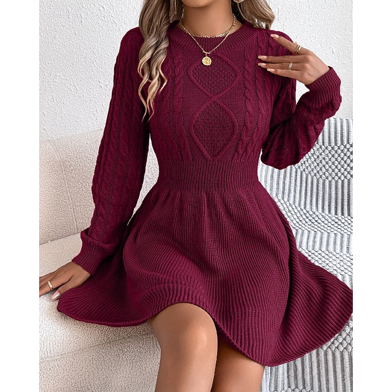 Vesper Cable-Knit Crew Neck in Wine – Women's Midi Dress