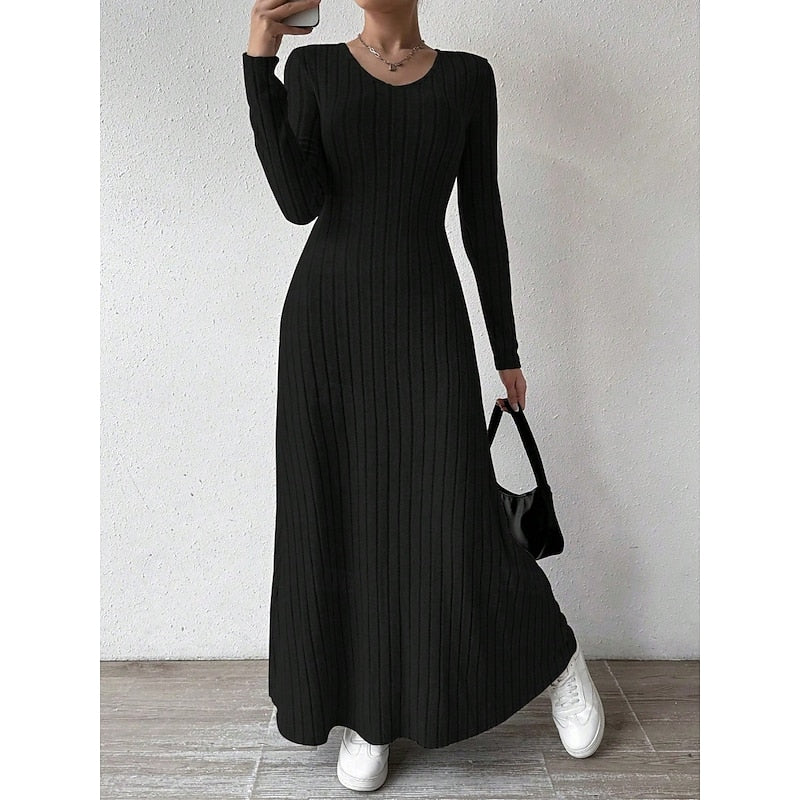 Sabine Ribbed Long-Sleeve in Black – Women's Maxi Dress