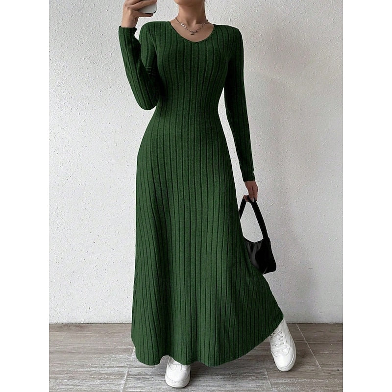 Sabine Ribbed Long-Sleeve – Women's Maxi Dress in Green