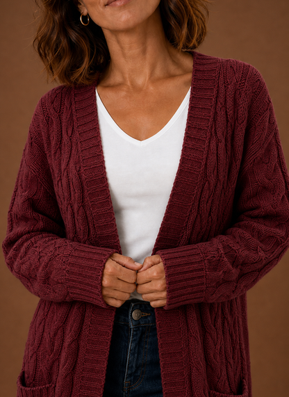 Elise Cable Knit Hooded in Burgundy – Women's Cardigan