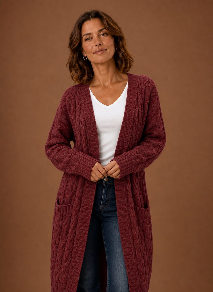Elise Cable Knit Hooded in Burgundy – Women's Cardigan