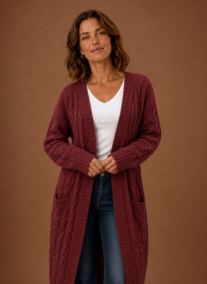 Elise Cable Knit Hooded in Burgundy – Women's Cardigan
