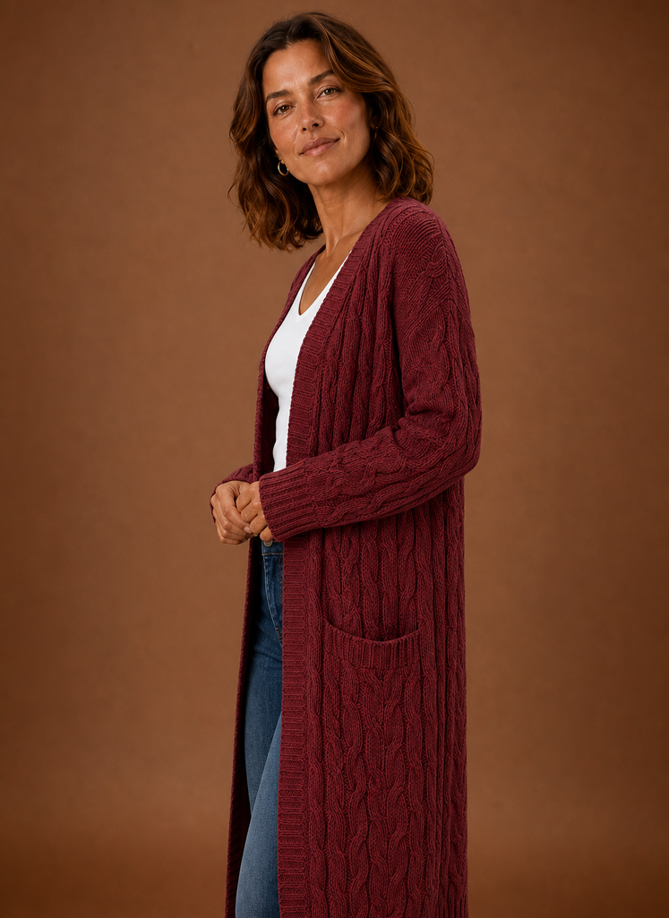 Elise Cable Knit Hooded in Burgundy – Women's Cardigan