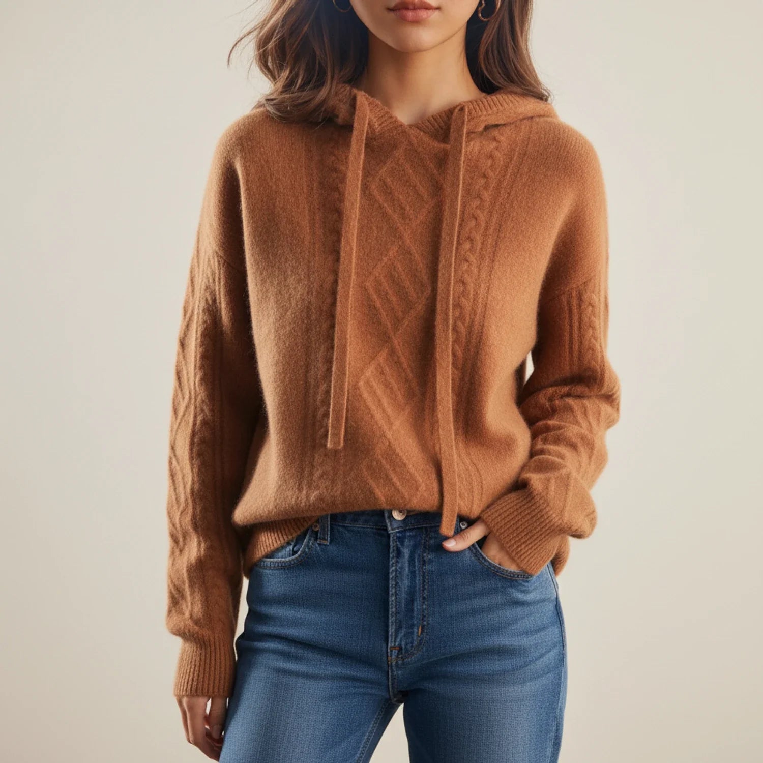 Hyacinth Hooded Cable Knit – Women's Sweater in Brown