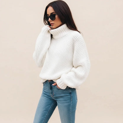 Perpetua Oversized Chunky Knit Turtleneck – Women's Sweater in White
