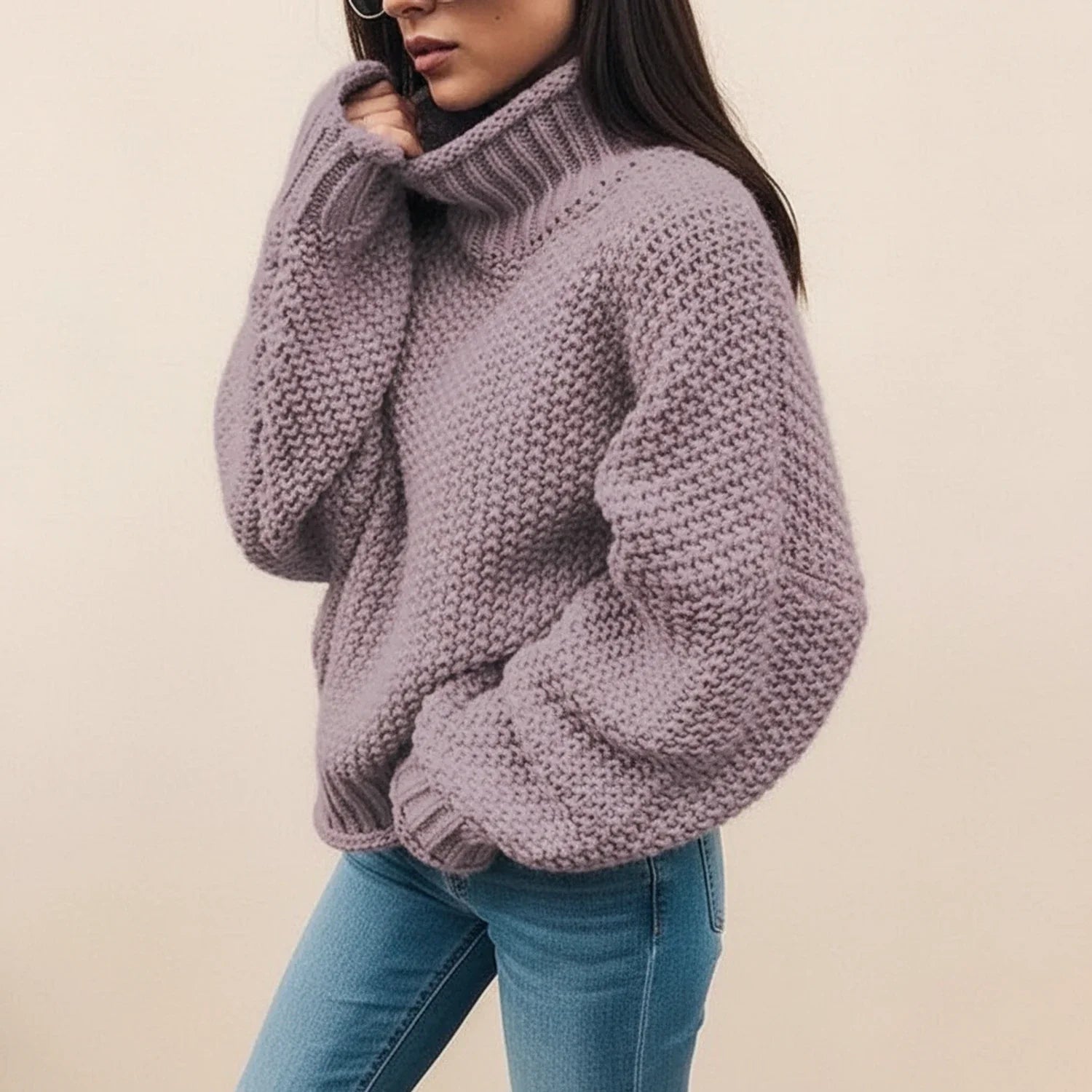 Perpetua Oversized Chunky Knit Turtleneck – Women's Sweater in White