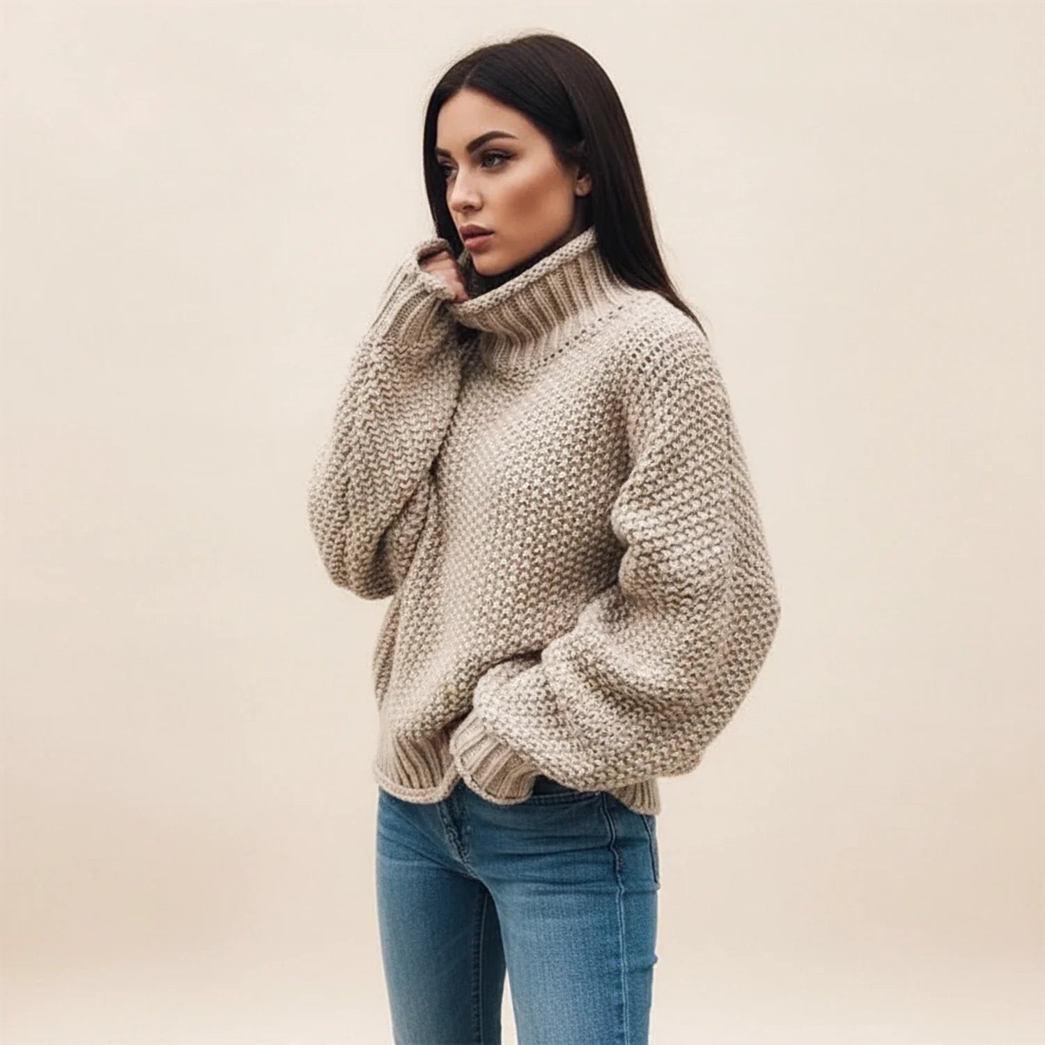 Perpetua Oversized Chunky Knit Turtleneck – Women's Sweater in White