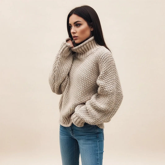 Perpetua Oversized Chunky Knit Turtleneck – Women's Sweater in White