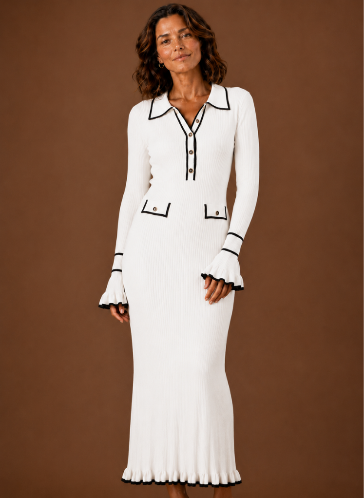 Theodora Polo Collar Ribbed Knit – Women's Maxi Dress in White