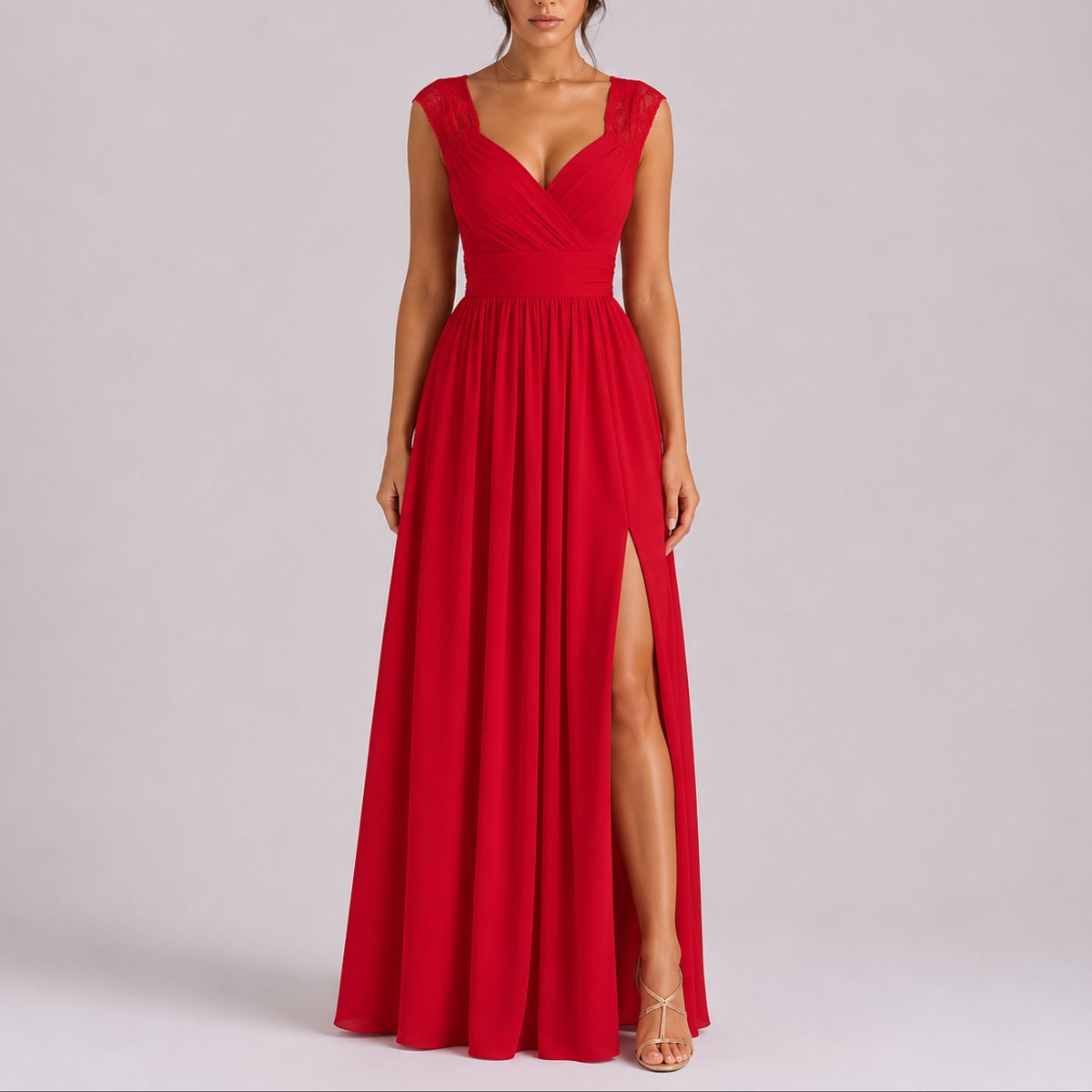 Seraphine Sweetheart Lace Cap-Sleeve – Women's Gown Dress in Red