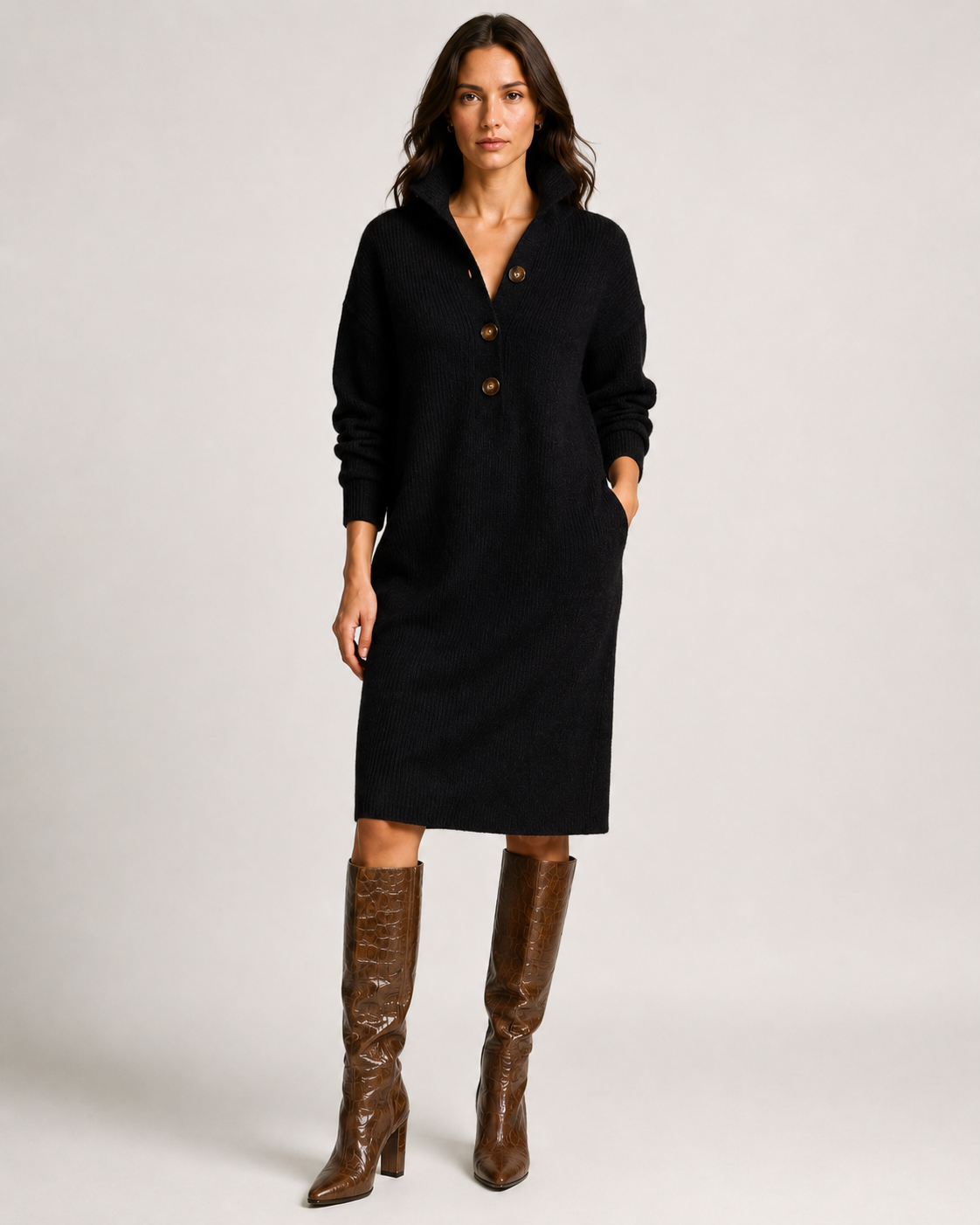 Clementine Collared Ribbed Knit – Women's Midi Dress in Khaki