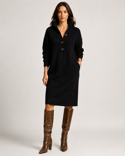 Clementine Collared Ribbed Knit – Women's Midi Dress in Khaki