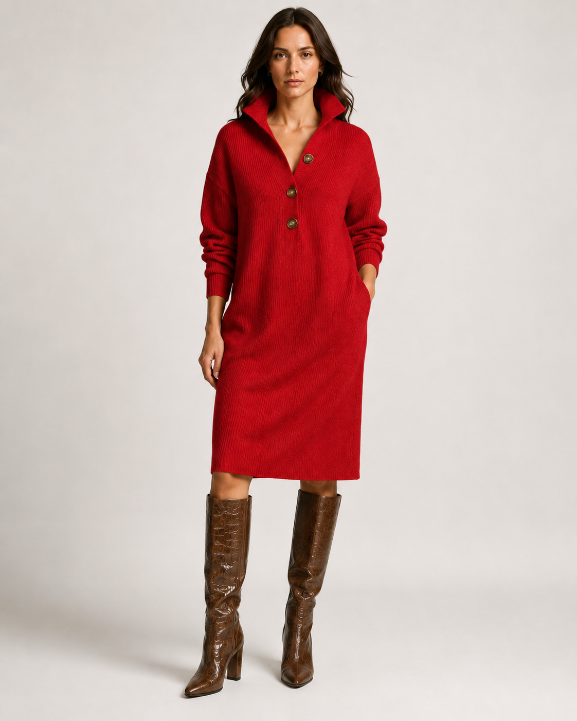 Clementine Collared Ribbed Knit – Women's Midi Dress in Khaki
