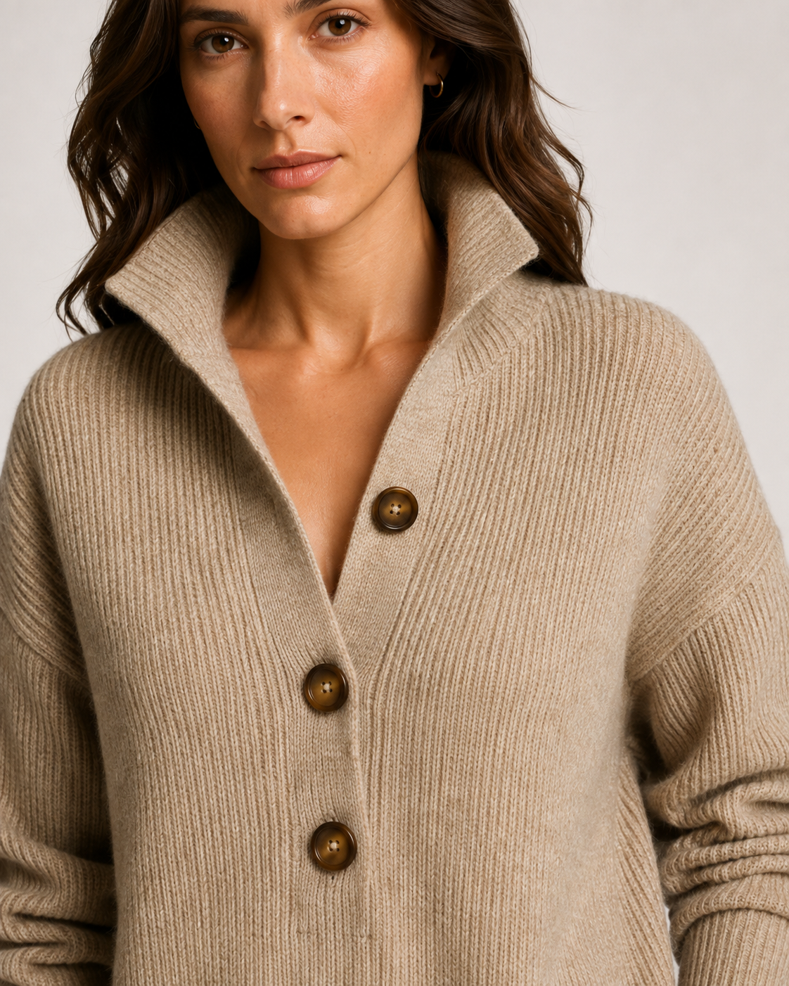 Clementine Collared Ribbed Knit – Women's Midi Dress in Khaki
