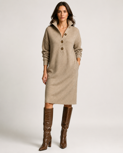 Clementine Collared Ribbed Knit – Women's Midi Dress in Khaki