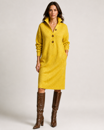 Clementine Collared Ribbed Knit – Women's Midi Dress in Khaki
