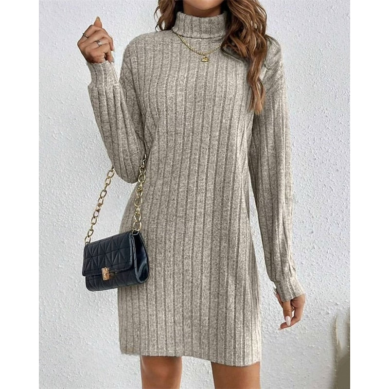 Cornelia Ribbed Roll-Neck in Light Grey – Women's Midi Dress