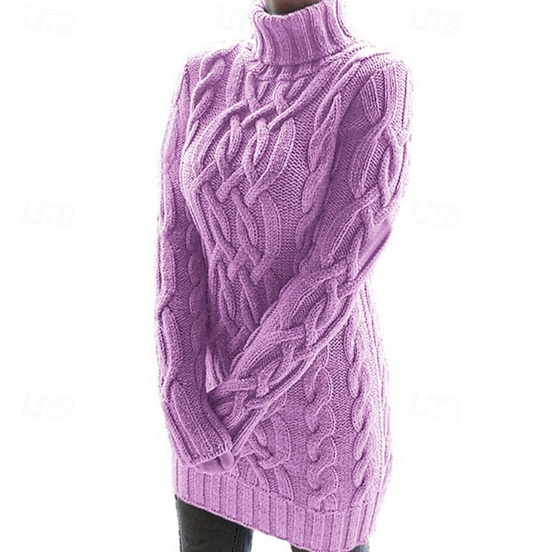 Thea Cable-Knit Turtleneck Sweater in Purple – Women's Midi Dress