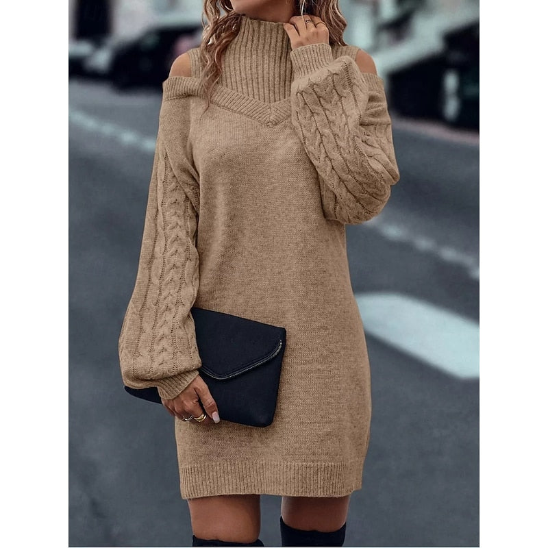 Beatrix Cold-Shoulder Turtleneck Sweater in Khaki – Women's Midi Dress