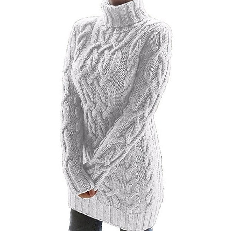 Thea Cable-Knit Turtleneck Sweater in Khaki – Women's Midi Dress
