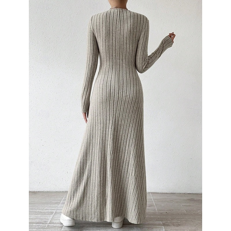 Sabine Ribbed Long-Sleeve in Khaki – Women's Maxi Dress