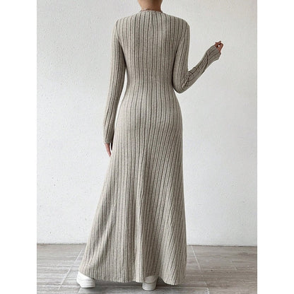 Sabine Ribbed Long-Sleeve in Khaki – Women's Maxi Dress