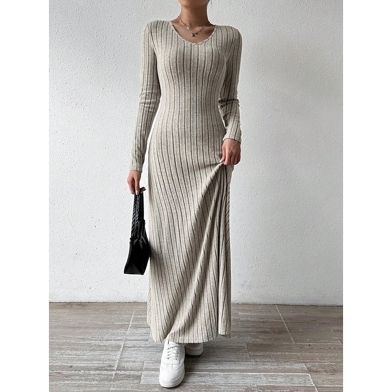 Sabine Ribbed Long-Sleeve in Khaki – Women's Maxi Dress