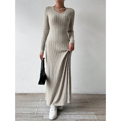 Sabine Ribbed Long-Sleeve in Khaki – Women's Maxi Dress
